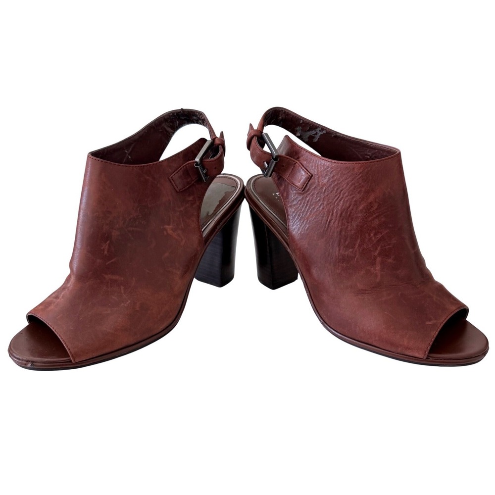 Lauren Ralph Lauren Odessa Leather Peep Toe Slingback Block Heel Brown 8B